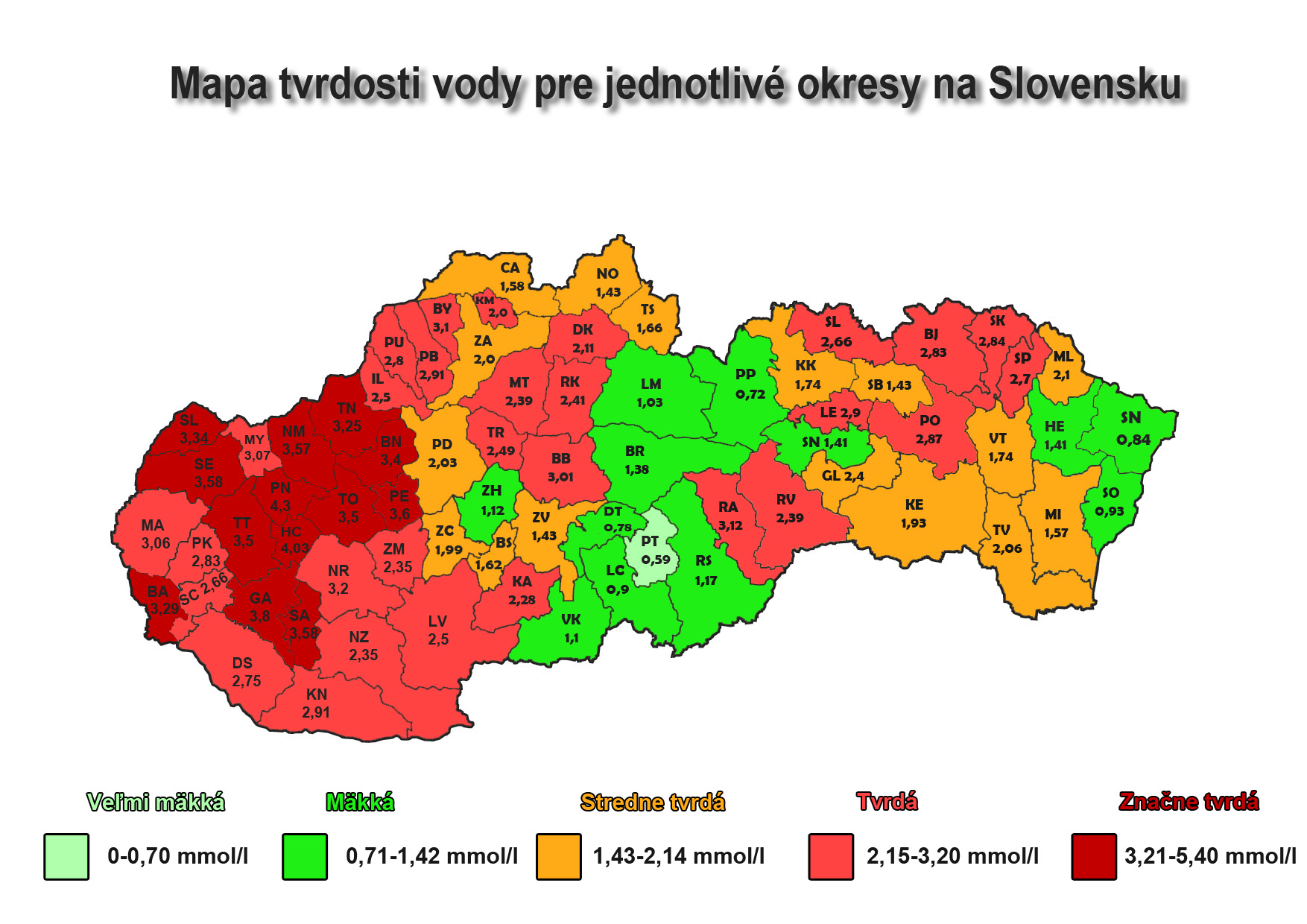 Mapa tvrdosť vody Slovensko